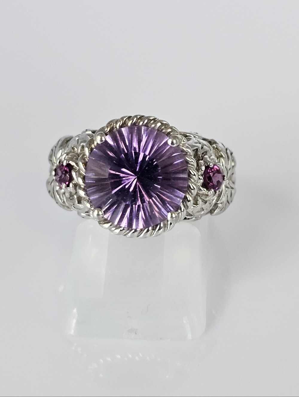 Rare Portuguese Cut Pink Amethyst & Rhodolite Garnet Ring Sterling Silver Size 8